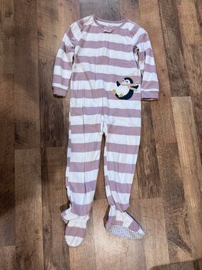 Striped Purple & White Penguin Footed One-Piece Pajamas-Size 5t